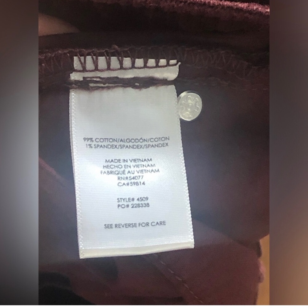 NWOT CABI Burgundy Maroon Wine Vineyard Corduroy Size 4 Skinny Pants Fall Winter - Picture 9 of 10